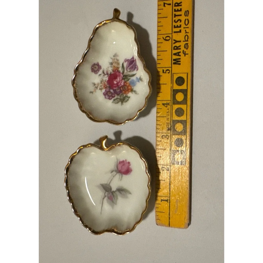 Lefton Pear/Apple‎ Tea Bag Holder Trinket Dishes Floral & Gold Trim  Japan MCM
